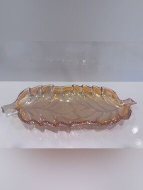 Vintage Pink- Amber Carnival Glass Leaf Shaped Serving Tray Iridescent 11”